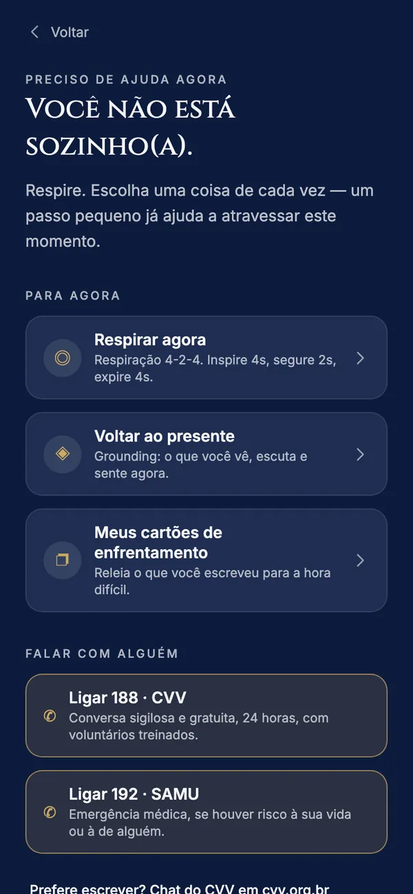 Tela Preciso de ajuda agora com respiração, grounding e os contatos do CVV e do SAMU (exemplo fictício)