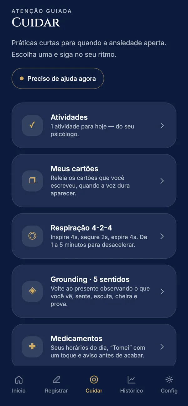 Aba Cuidar com atividades, cartões, respiração, grounding e medicamentos (exemplo fictício)